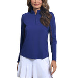 IBKUL Women's Solid Long Sleeve Zip Mock Neck Shirt - Navy